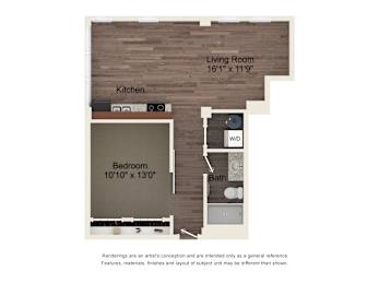 A floor plan of a small apartment with a living room, kitchen, and bedroom.
