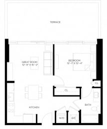 1 Bed 1 Bath 670 square feet floor plan A1-A