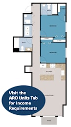 A floor plan of an apartment with a living room, kitchen, and bathrooms.
