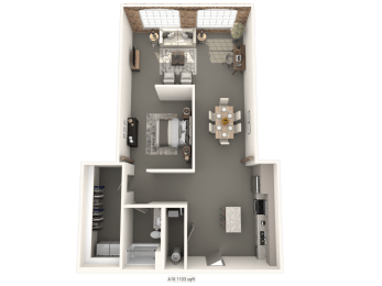 a 3d floor plan of a 1 bedroom apartment at converse mill lofts in Spartanburg, SC