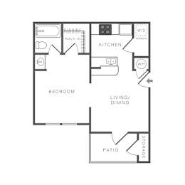 A floor plan of a small apartment with a bedroom, kitchen, living/dining area, and patio.