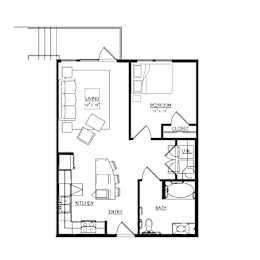 A black and white floor plan of a house with a living room, bedroom, bathroom, kitchen, and entry.