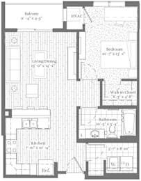 A floor plan of a house with a balcony, living room, dining room, kitchen, bathroom, and bedroom.