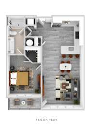 A floor plan of a small apartment with a living room, kitchen, and bathroom.