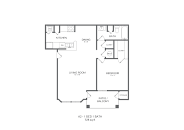 A floor plan of a one bedroom apartment with a living room, dining room, kitchen and bath.