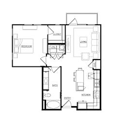 A black and white floor plan of a house with a bedroom, bathroom, kitchen, living room, and closet.