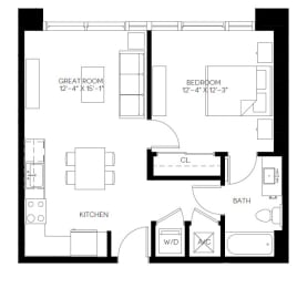 1 Bed 1 Bath 643 square feet floor plan A2