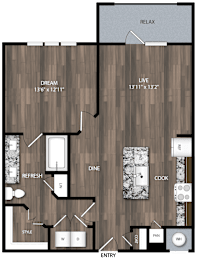 A floor plan of a house with a living room, dining room, kitchen, and bathrooms.