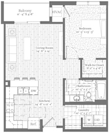 A floor plan of a home with a balcony, living room, kitchen, bathroom, and laundry area.