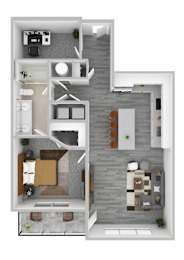 A top-down view of a modern apartment layout with a kitchen, living room, and bedrooms.