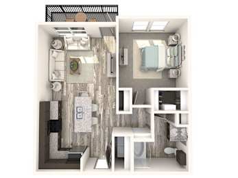 A 3D floor plan of a small apartment with a kitchen, living room, and bathroom.