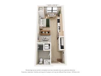 A 3D floor plan of a small apartment with a kitchen, living room, and bathroom.