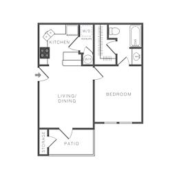A black and white image of a floor plan for a house with a kitchen, living/dining area, bedroom, patio, and storage.