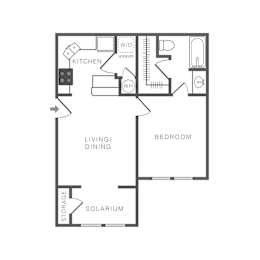 A floor plan of a small apartment with a kitchen, living room, bedroom, and storage.