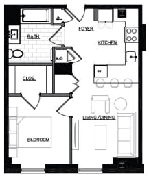 a floor plan of a small house with a kitchen and a living room