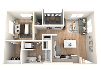 A 3D floor plan of a house showing a living room, kitchen, and two bedrooms.
