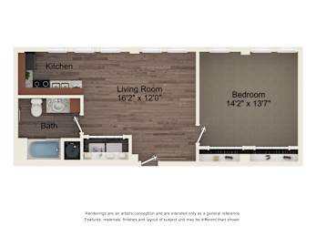 A floor plan of a small apartment with a kitchen, living room, bath, and bedroom.