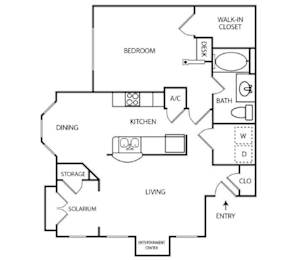 A black and white floor plan of a house with a living room, dining room, kitchen, bedroom, bathroom, and walk-in closet.