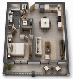 A floor plan of a small apartment with a French balcony.
