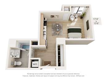 A floor plan of a small apartment with a kitchen, living room, and bathroom.