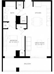 1 Bed 1 Bath 654 square feet floor plan A4