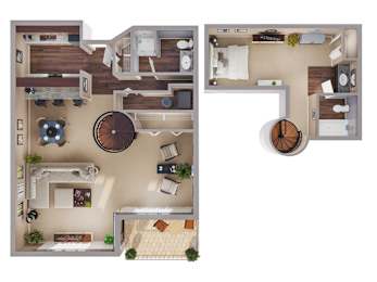 A top down view of a small apartment with a living room, kitchen, and bedroom.