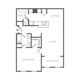 A black and white image of a floor plan for a house with a dining area, living room, bedroom, and solarium.