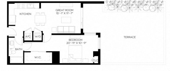 1 Bed 1 Bath 755 square feet floor plan A5-A