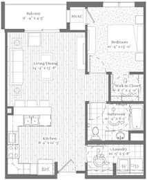 A floor plan of a house with a balcony, living/dining area, kitchen, bathroom, bedroom, wall-in closet, and laundry room.