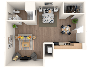 A top-down view of a small apartment with a living room, kitchen, and bedroom.
