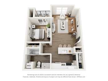 A floor plan of a small apartment with a kitchen, living room, and bedrooms.
