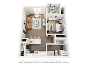 A 3D floor plan of a house with a living room, kitchen, dining room, and bathroom.