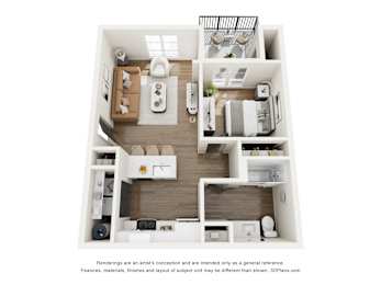A 3D floor plan of a small apartment with a kitchen, living room, and bedroom.
