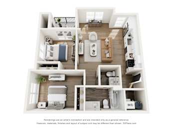 A 3D floor plan of a small apartment with a kitchen, living room, and bathroom.