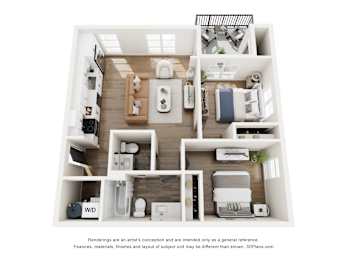 A 3D floor plan of a small apartment with a kitchen, living room, and bedrooms.