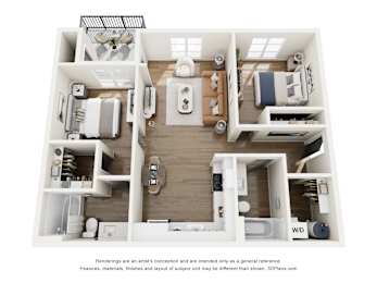 A 3D floor plan of a small apartment with a kitchen, living room, and bathroom.