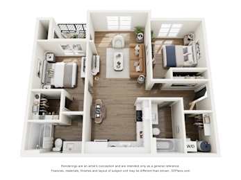 A 3D floor plan of a small apartment with a kitchen, living room, and bedroom.