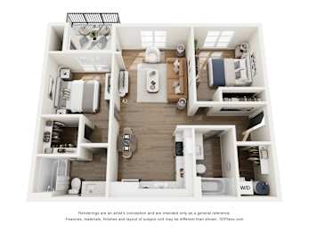 A 3D floor plan of a small apartment with a kitchen, living room, and bathroom.