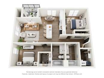 A 3D floor plan of a house with labeled rooms.
