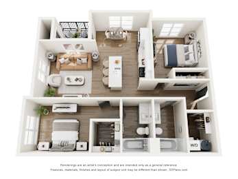 A 3D floor plan of a two-bedroom apartment with a living room, kitchen, and bathroom.
