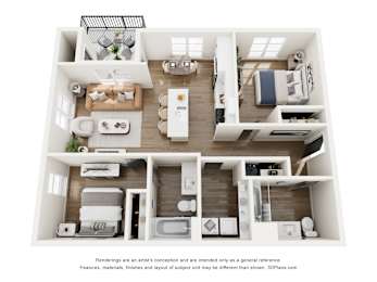 A 3D floor plan of a house with a kitchen, living room, bedrooms and bathrooms.