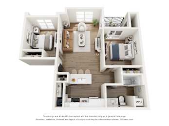 A 3D floor plan of a small apartment with a kitchen, living room, and bathroom.