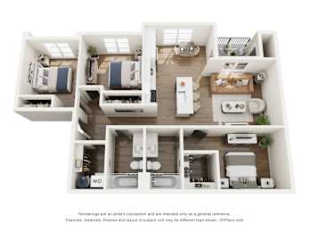 A 3D floor plan of a house with labeled rooms.