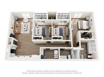 A 3D floor plan of a house with a kitchen, living room, and two bedrooms.