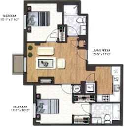 A floor plan of a house with two bedrooms and a living room.