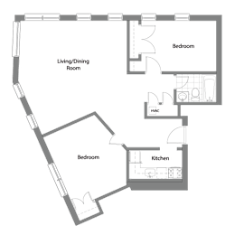 A floor plan of a house with a living/dining room, kitchen, and two bedrooms.