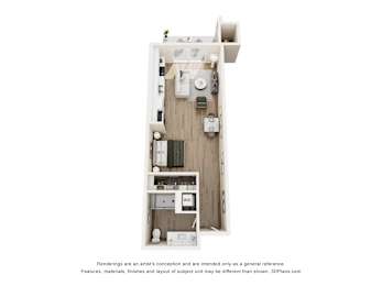 A 3D floor plan of a small apartment with a kitchen, living room, and bathroom.