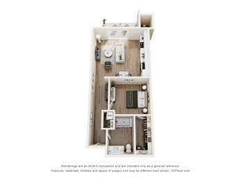 A 3D floor plan of a small apartment with a kitchen, living room, and bathroom.