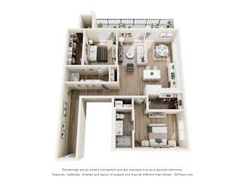A 3D floor plan of a house with a kitchen, living room, and two bedrooms.