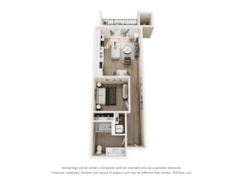 A 3D floor plan of a small apartment with a kitchen, living room, and bathroom.